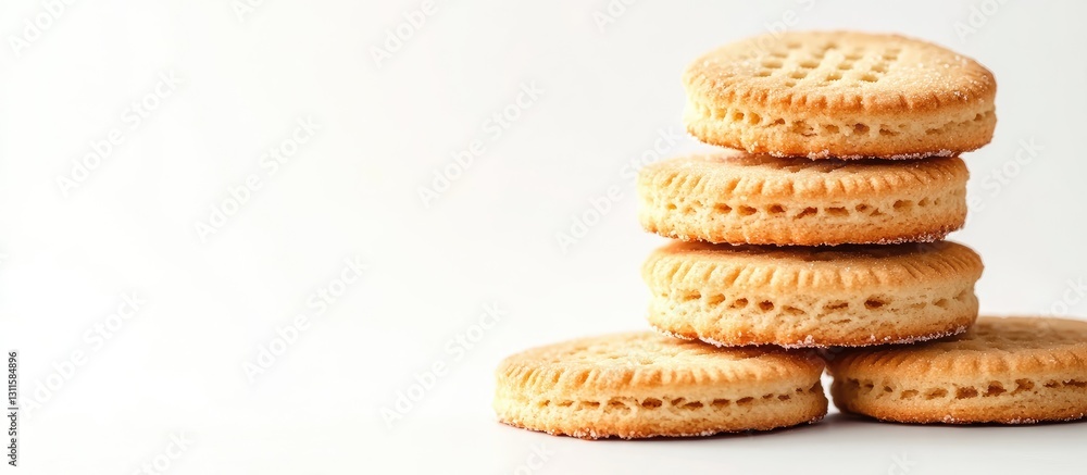Poster stack of three golden brown sugar biscuits on a clean white background with soft focus allowing for 