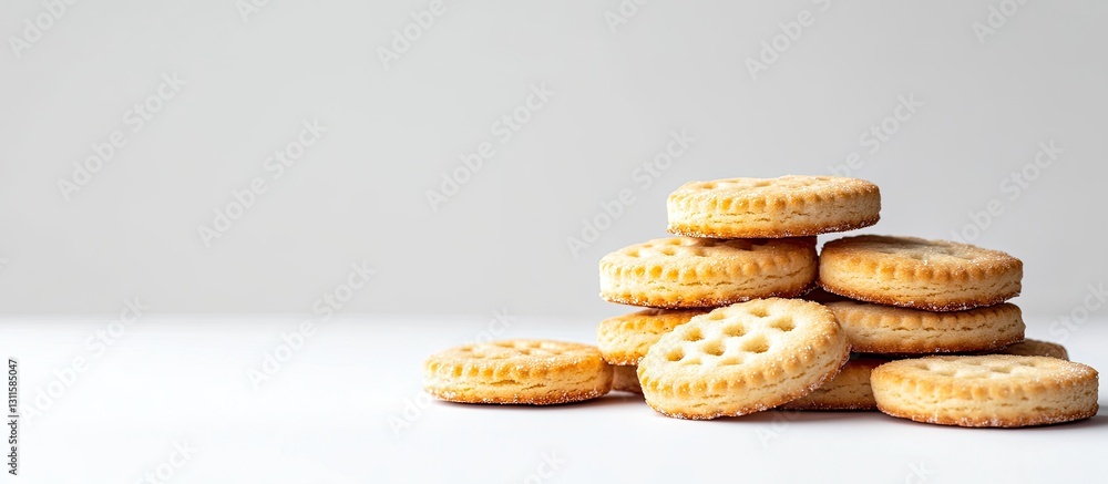 Poster a stack of golden sugar biscuits with a textured surface leaning to the right against a clean white 