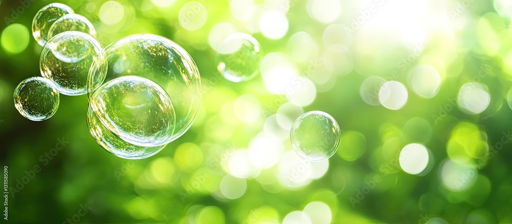 Poster soap bubbles floating in the foreground against a softly blurred green summer backdrop with bright s