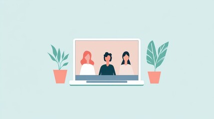 Minimalist Illustration of Teleconference with Three Participants on Laptop