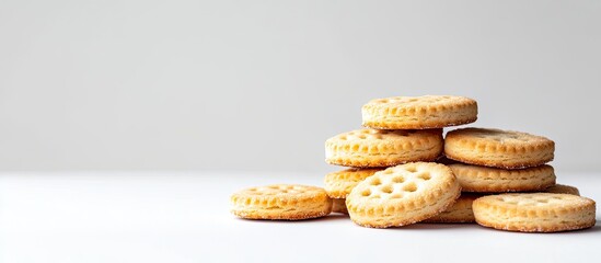 A stack of golden sugar biscuits with a textured surface leaning to the right against a clean white background for copy space and text.