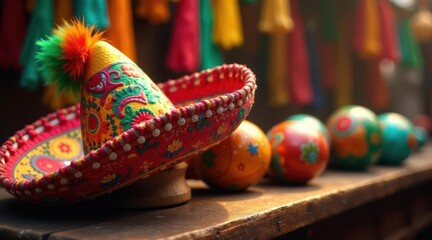Vibrant Handcrafted Sombrero with Colorful Ornate Designs Rests on Wooden Surface Near Decorated Spherical Objects