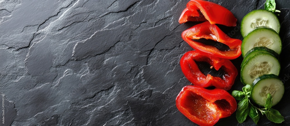 Poster sliced red bell peppers and cucumber arranged on a textured black surface with negative space for te