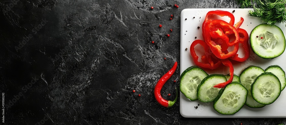 Poster sliced red peppers and cucumbers arranged on a white cutting board with black surface background and
