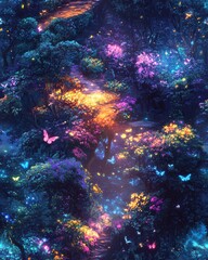 Fototapeta premium Enchanted forest path glowing with bioluminescent flora and butterflies. Magical, dreamy, fantasy landscape.