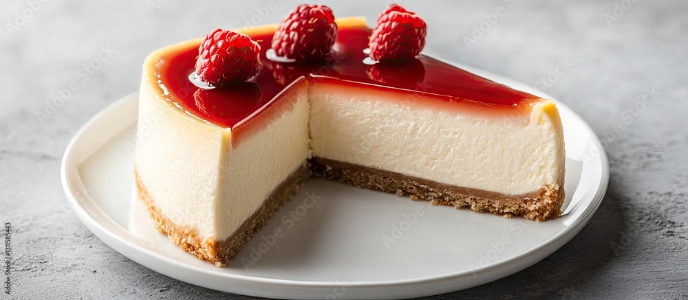 Poster cheesecake slices on a round white plate with a glossy red raspberry topping decorated with fresh ra