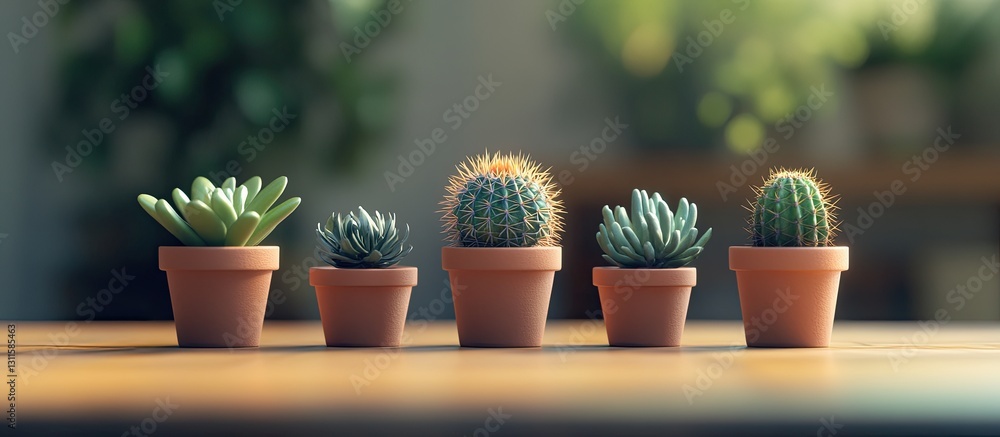 Aufkleber collection of assorted small cacti in terracotta pots arranged in a row on a wooden table with natur