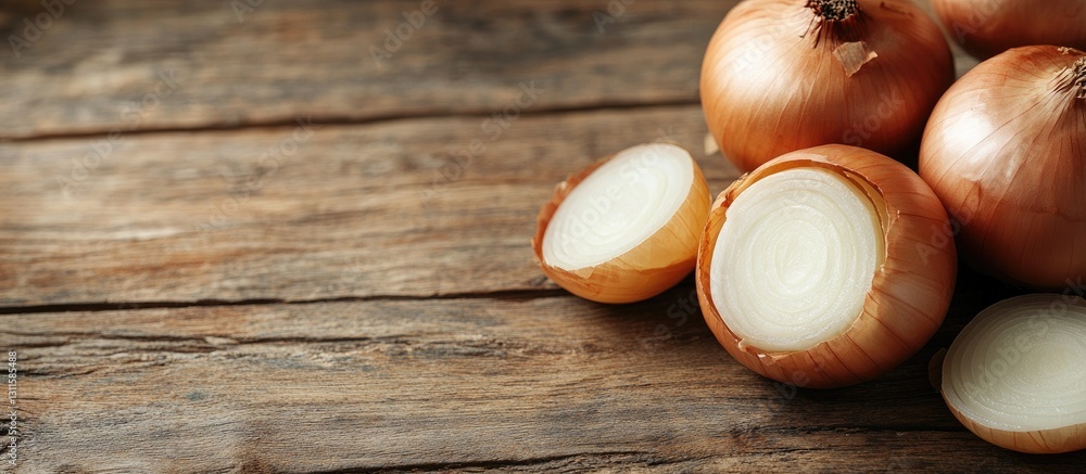 Poster sliced and whole golden onions on rustic wooden background with selective focus on fresh round onion