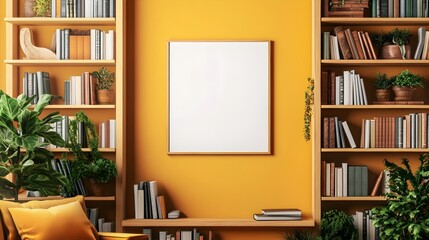 White Picture Frame Mockup in Cozy Home Library on rich mustard wall