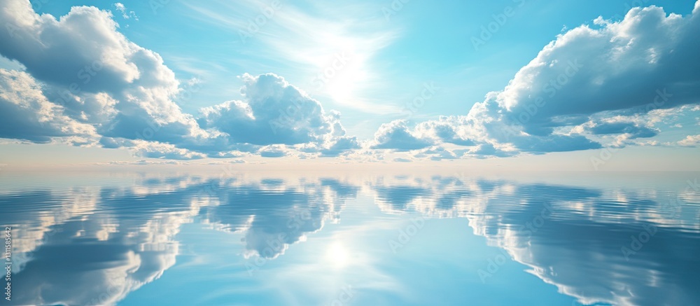 Poster vast blue sky with fluffy white clouds reflected in calm water creating a serene landscape with ampl