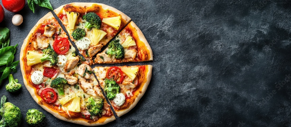 Poster sliced pizza with pineapple, broccoli, tomato, mozzarella, and chicken on a dark stone background wi