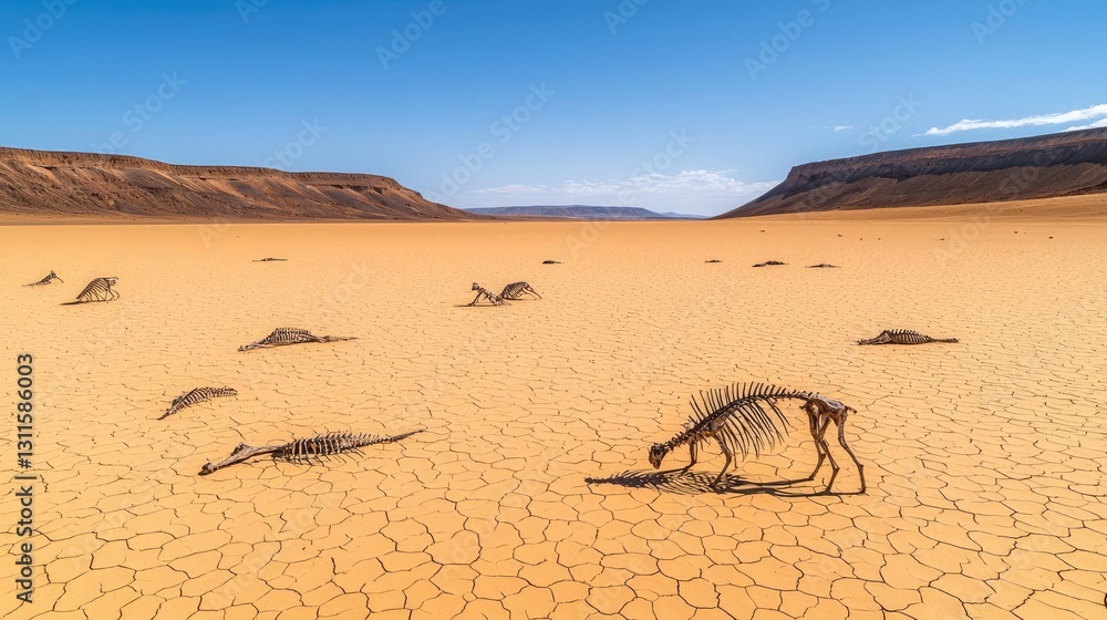 Aufkleber climate change drought idea. a desolate landscape with skeletal remains in a vast arid desert under 