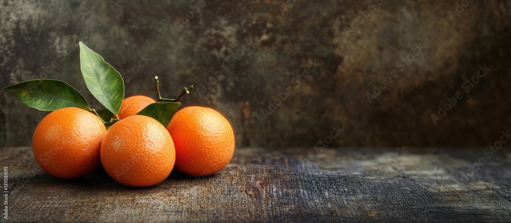 Aufkleber fresh small tangerines with green leaves arranged in a cluster on a textured dark wooden table again