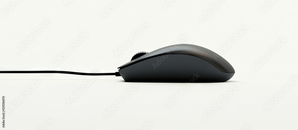 Fototapete black ergonomic computer mouse positioned left on a clean white background with a visible cable crea