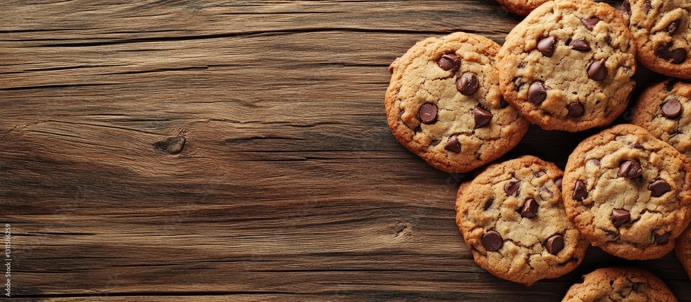 Poster chocolate chip cookies arranged on a rustic wooden surface with a clean empty space on the left show