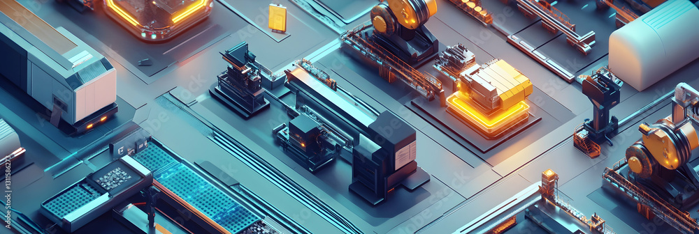 Poster a futuristic factory where ai controls all manufacturing processes -