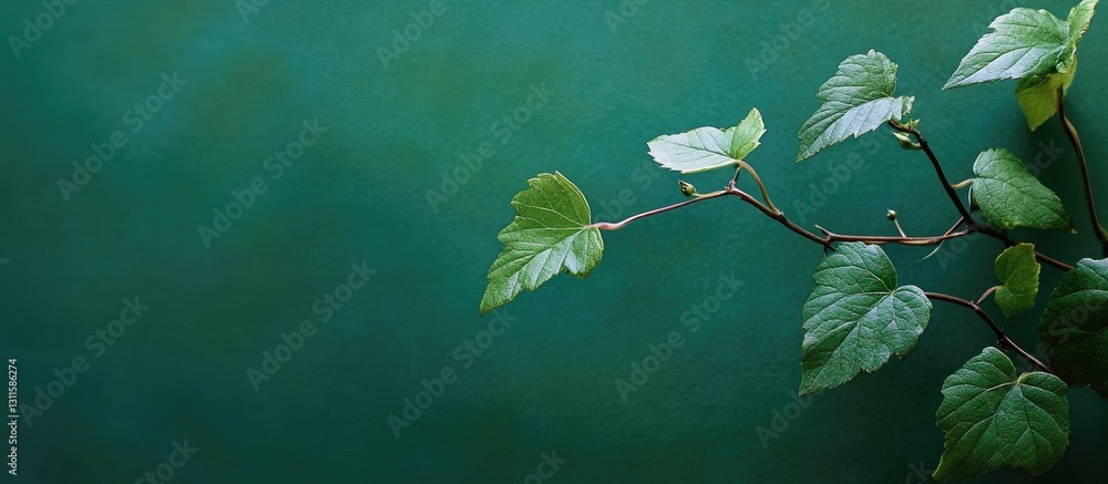Poster vibrant green backdrop featuring a delicate vine with small leaves extending to the left side creati