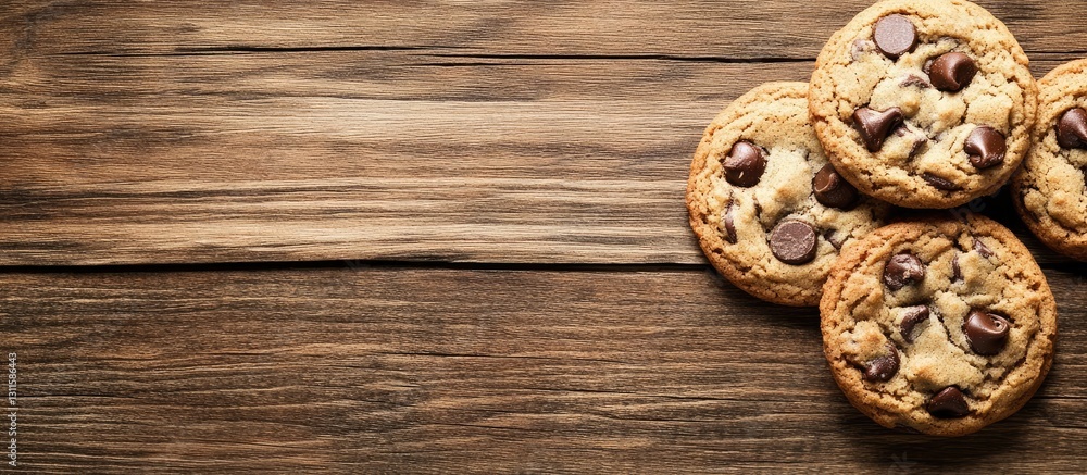 Poster delicious chocolate chip cookies arranged neatly on a rustic wooden surface against a dark wood back