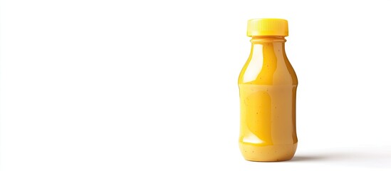Bright yellow spicy mustard in a transparent plastic bottle positioned on the right side against a clean white background creating a minimalistic look.