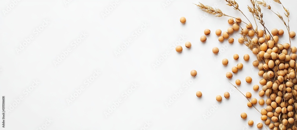 Poster brown soybeans scattered across a clean white background with dried grass stalks on the top right ad