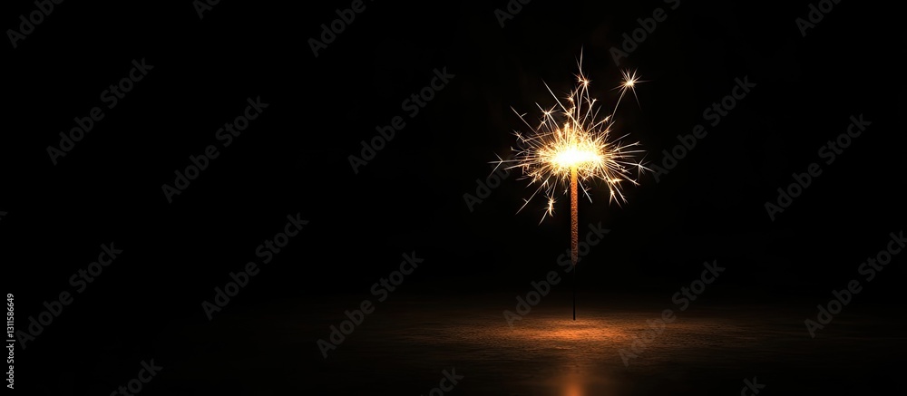Poster bright sparkler emitting golden sparks in center against a deep black background with subtle reflect