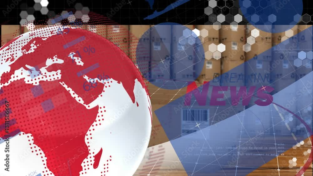Poster breaking news animation over globe and warehouse background with hexagonal patterns