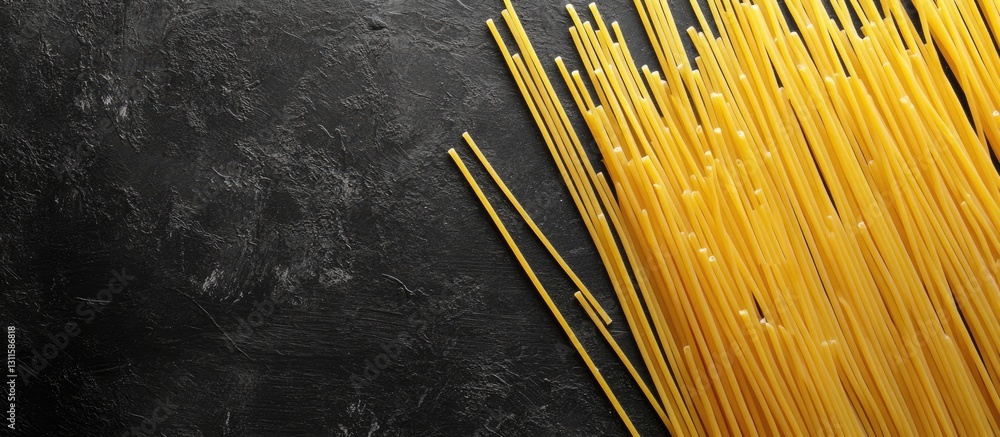 Poster yellow spaghetti strands arranged on a dark textured background, with ample copy space on the left, 