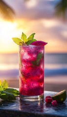 dragon fruit artisan mojito in a glass on the beach