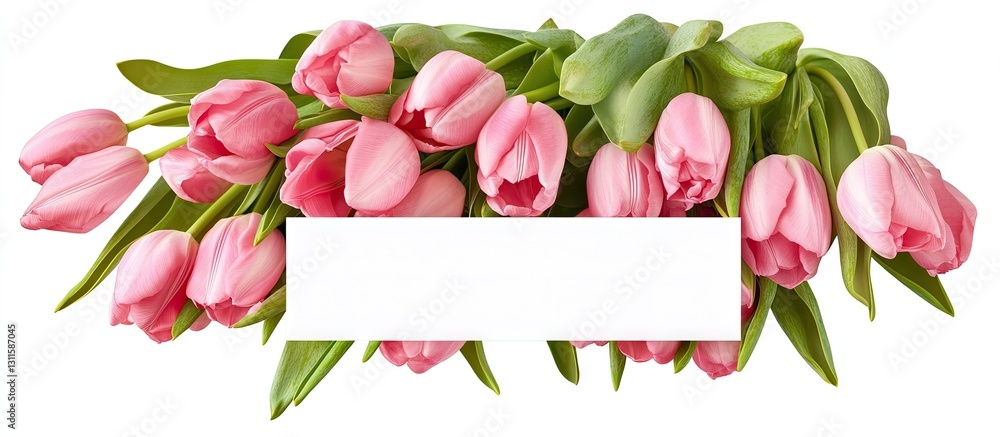 Poster pink tulips arranged in a lush bouquet on a white background with a blank white banner in the center