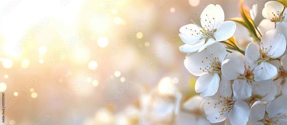 Aufkleber blooming white cherry flowers in the foreground with a soft golden spring backdrop and shimmering bo