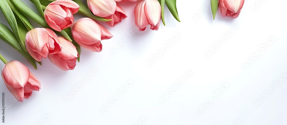 Poster pink tulips arranged on the left side of a white background with ample copy space for text highlight