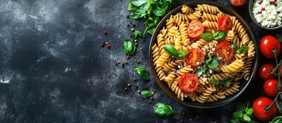 Vibrant plate of Italian fusilli pasta topped with fresh tomatoes, green herbs, and cheese on a dark textured table with ample copyspace
