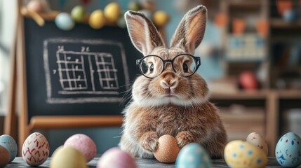 Easter bunny teacher wearing glasses stands near a blackboard in school classroom with Easter eggs. Easter greetings for school teacher, lecturer, professor. Education. Happy Easter. Copy space