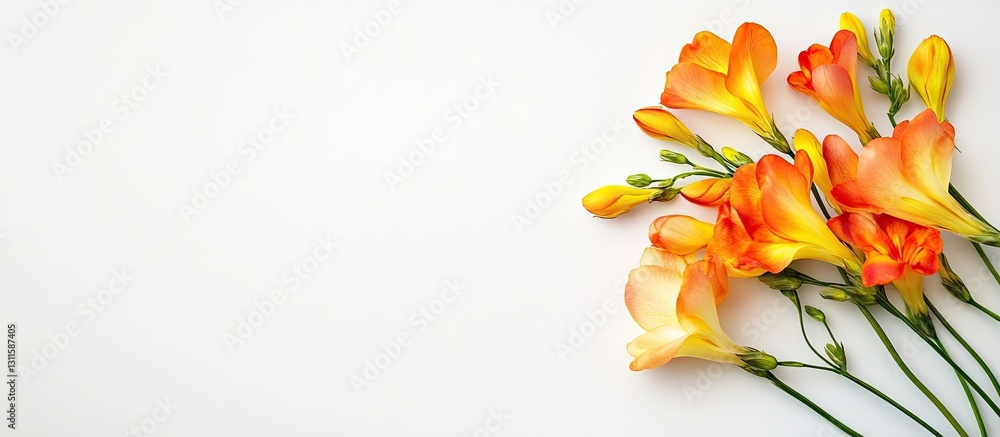 Poster freesia flowers in soft orange and yellow hues arranged on a white background with ample space for t