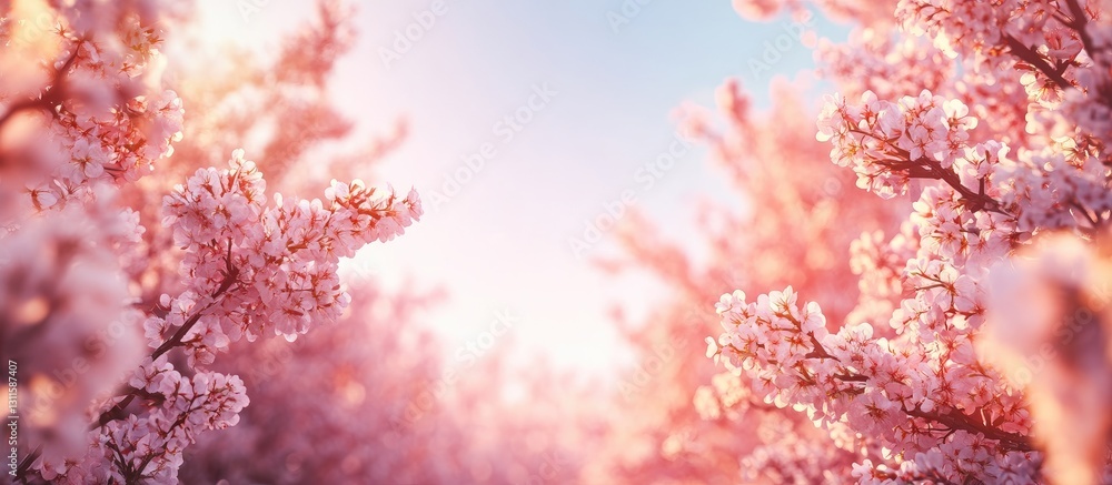 Poster soft pink cherry blossoms in close-up view with blurred pastel sky background creating a serene spri
