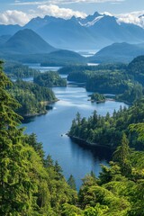 Obraz premium Mountain lake view. Green trees surround blue water. White snowy mountains. Bright sky above. Peaceful landscape scene. Calm river flows. Forest covers islands.
