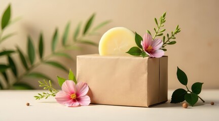 A delicately wrapped gift, adorned with blossoms and a creamy soap, symbolizes thoughtful presentation and natural purity