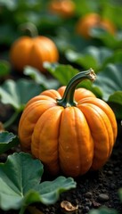 Pumpkin plant with intricate details and textures, garden, autumn