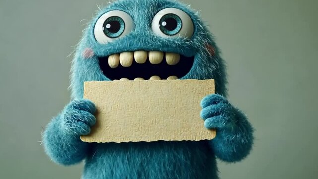 Cartoon monster holding blank sign, whimsical, happy expression, studio shot. Possible use for children's products or marketing