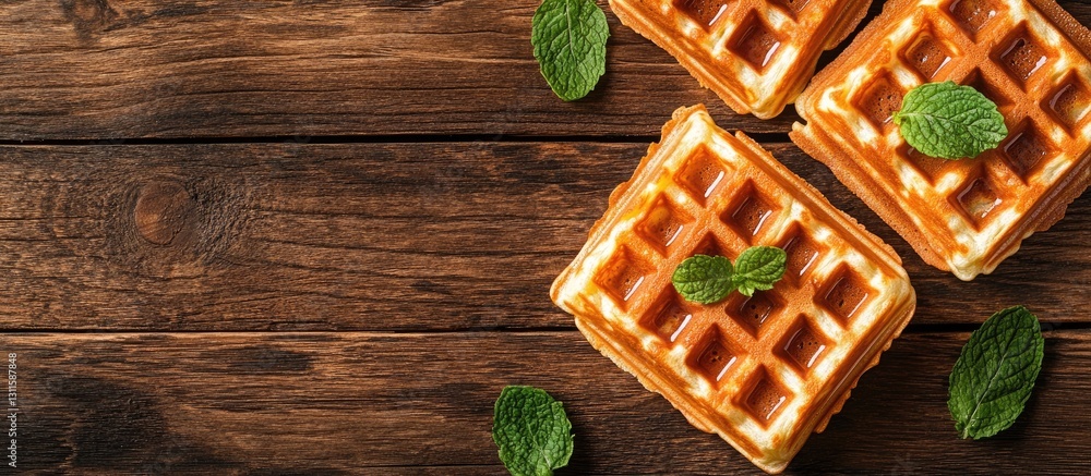 Poster square waffles arranged on a rustic wooden background with mint leaves adding freshness and ample co