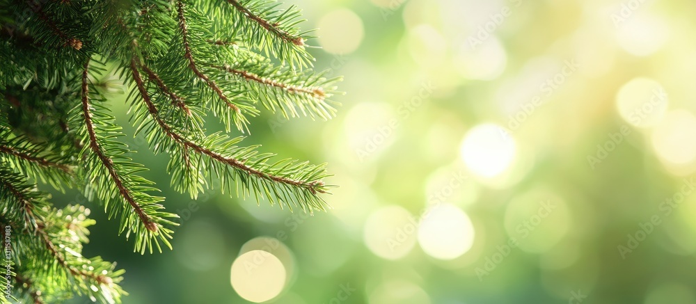 Poster fresh green spruce branches with sharp needles in the foreground set against a soft blurred green ba