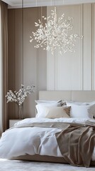 Spacious and stylish bedroom with modern lighting and decor
