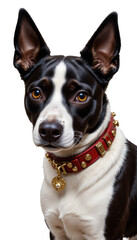 Black and white dog with striking yellow eyes wearing a red collar with gold studs and a heart-shaped tag, set against a transparent background.