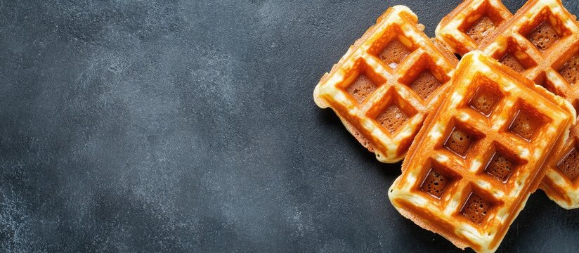 Square waffles arranged on a dark textured background, showcasing a top view with ample copyspace for dessert menu text and presentation.