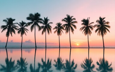 Obraz premium Serene Sunset Over Tranquil Ocean with Palm Trees and Reflections in Calm Water