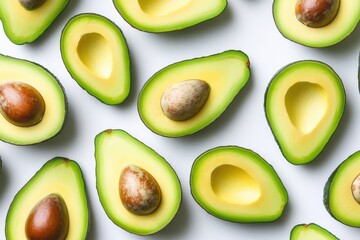 Fresh Avocado Halves Arranged in Seamless Pattern on White Background