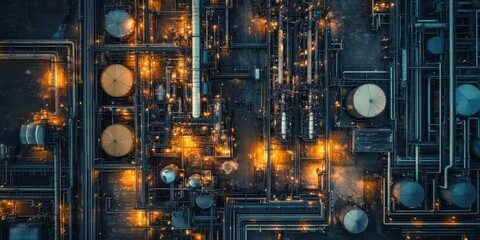 Fototapeta premium Aerial view of a modern refinery showcasing industrial architecture and advanced technology in a vibrant landscape.