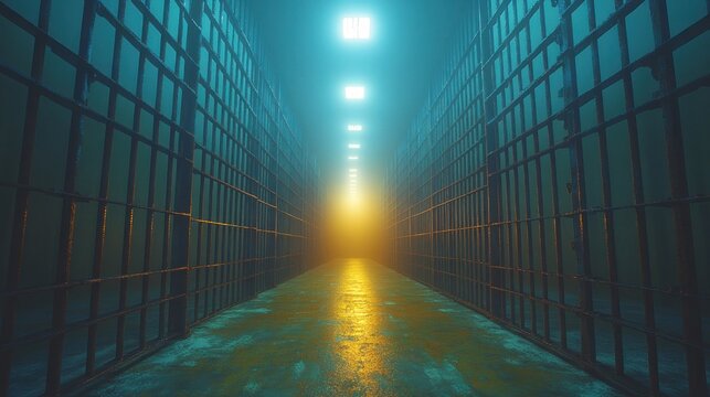 Prison Corridor, Neon Light, Fog, Dramatic Background