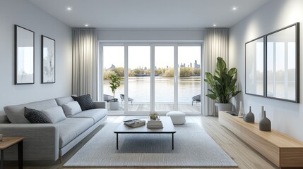 Fototapeta premium Modern living room with lake view; interior design, home decor, relaxation