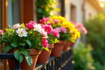 Vibrant blossoms in terracotta pots adorn a balcony railing, bathed in the warm glow of the setting sun, creating a picturesque scene of outdoor beauty.